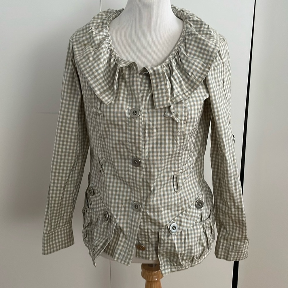 Javier Simorra Barcelona gingham Tan and blue grey jacket button up ruffle